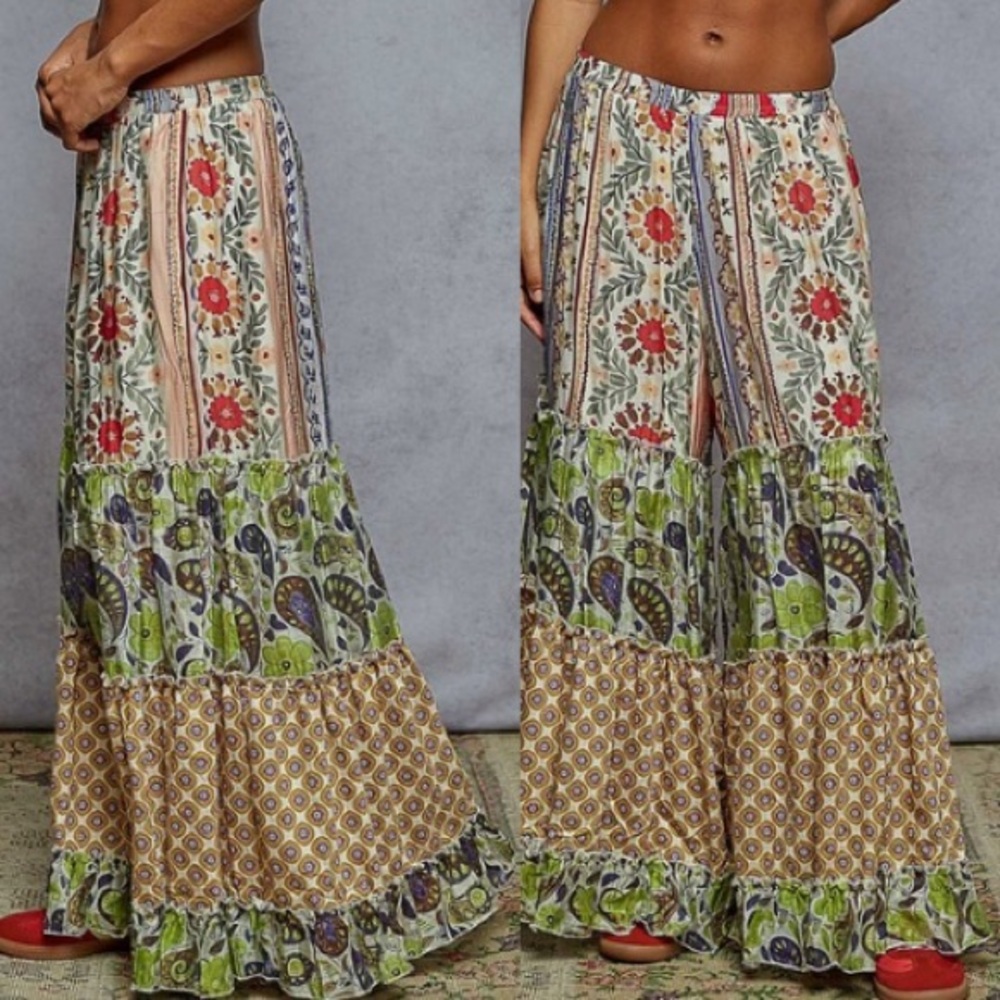 New POL Boho Hippie Colorful Print Patchwork Wide Leg Palazzo Pull On Pants - Picture 8 of 8